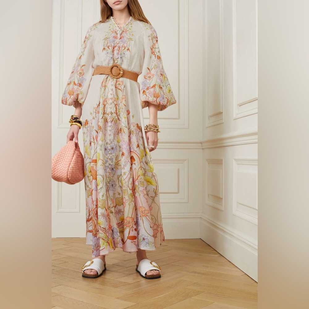zimmermann JEANNIE BILLOW LONG DRESS 100% linen midi multicolored